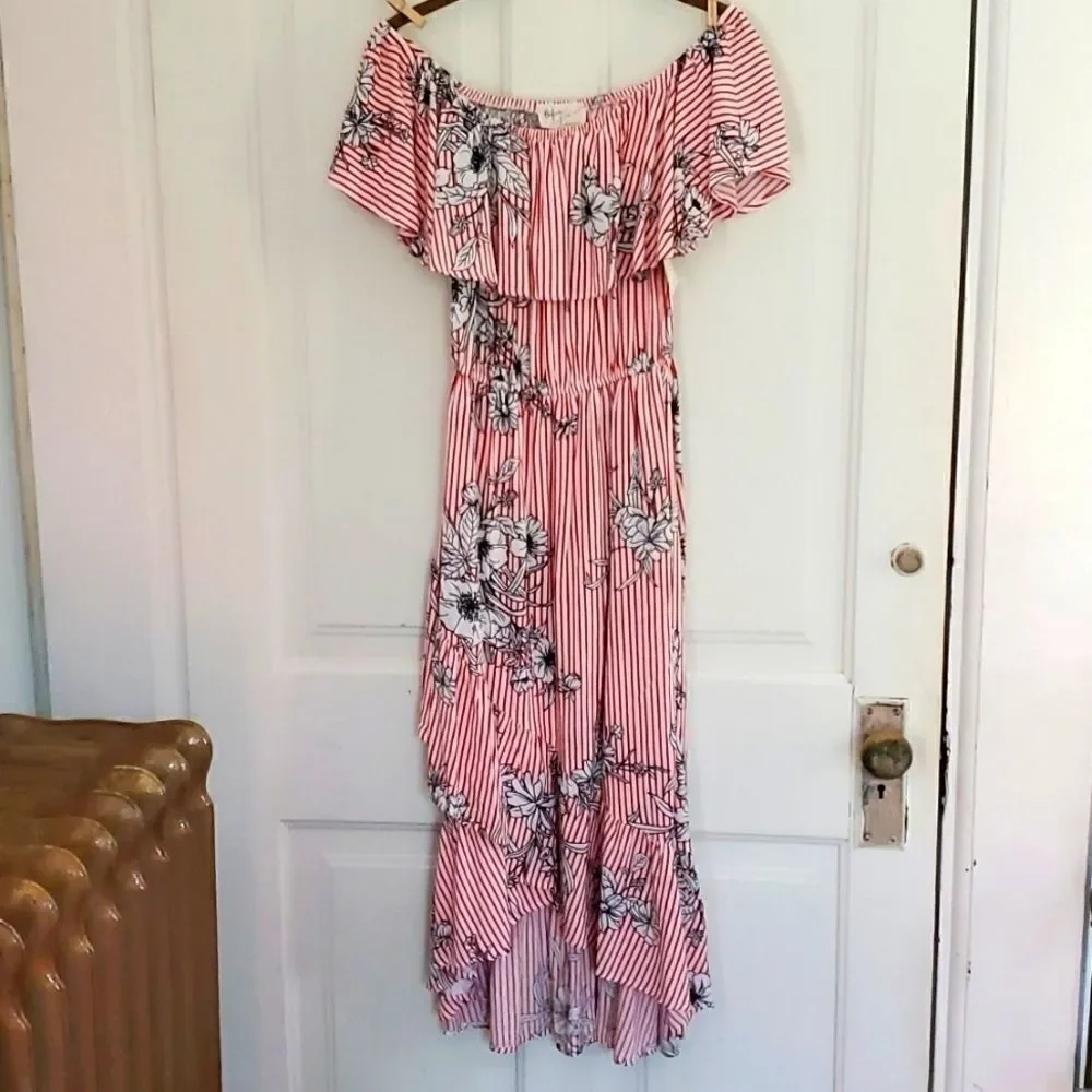 Before You Ruffled Striped Floral High Low Dress - Picture 2 of 8